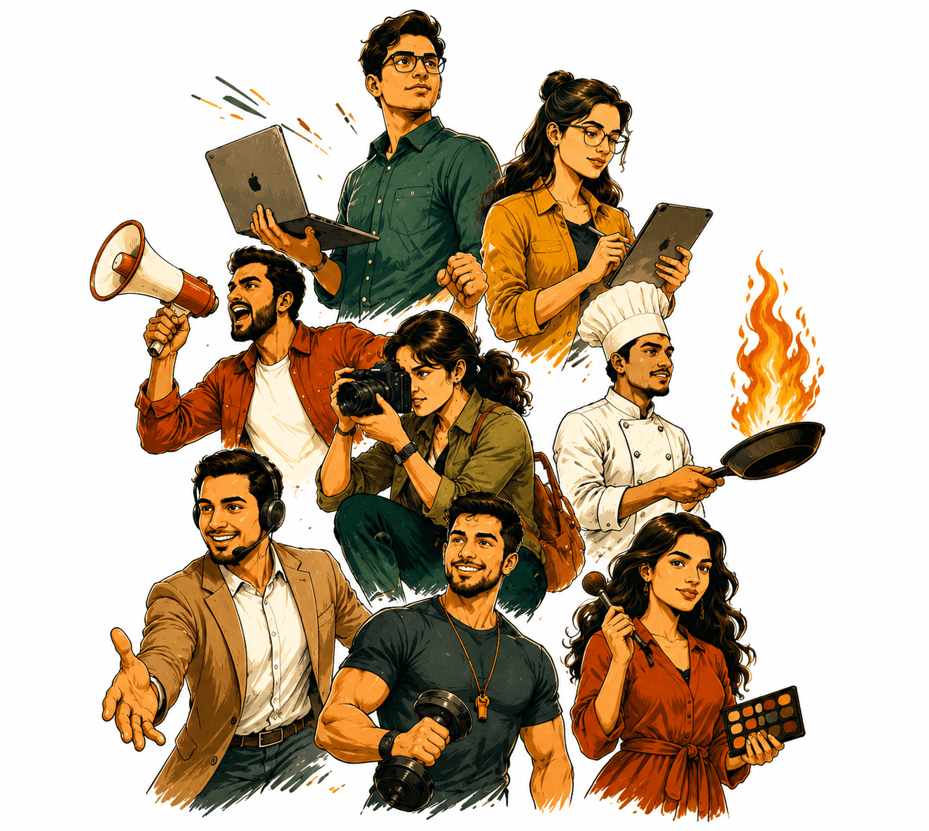Young Indians across many careers — engineer, designer, marketer, data scientist, video creator, salesperson, and more